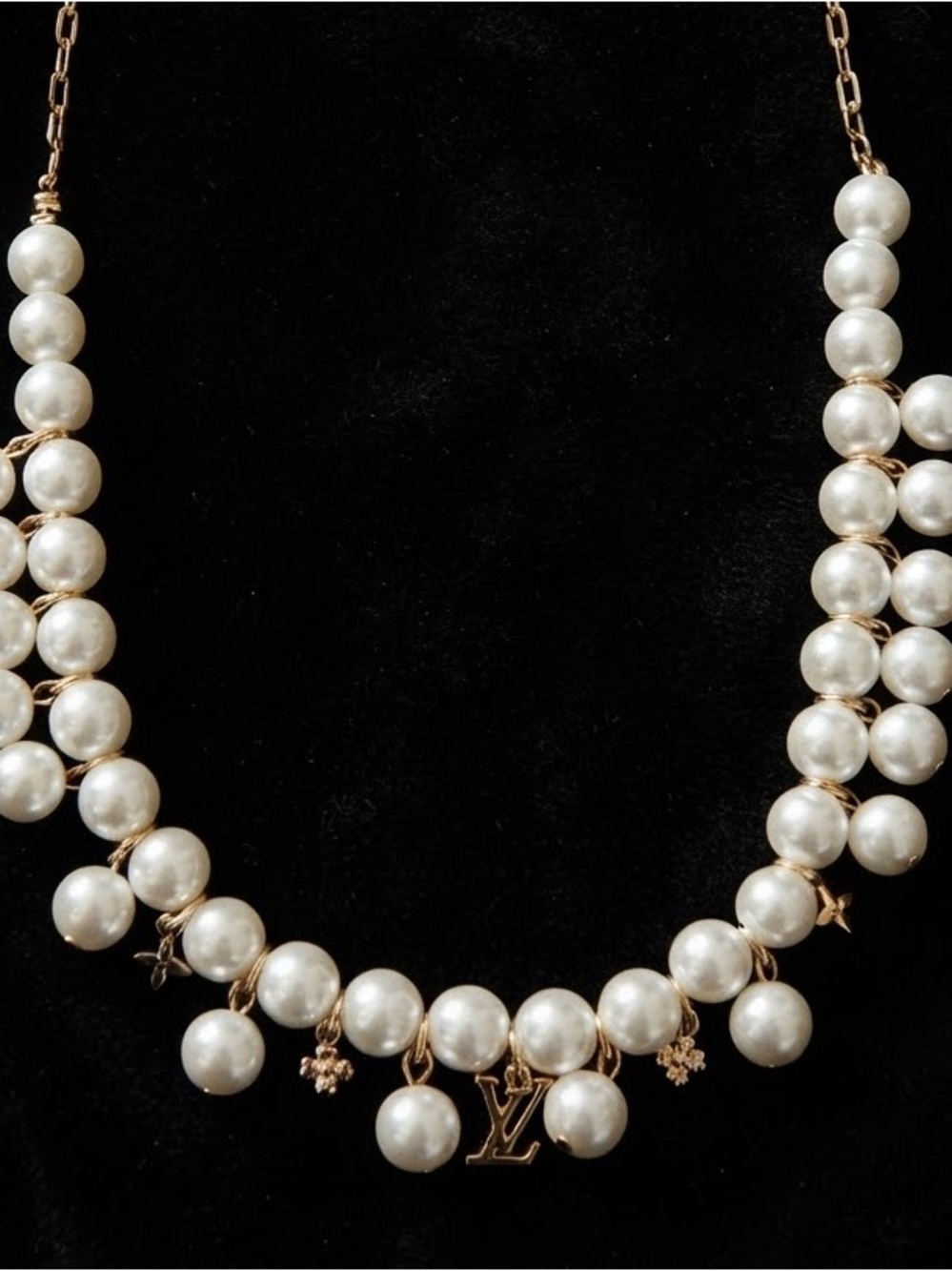 Double Row Faux Pearl With Gold Tone Letter Charms